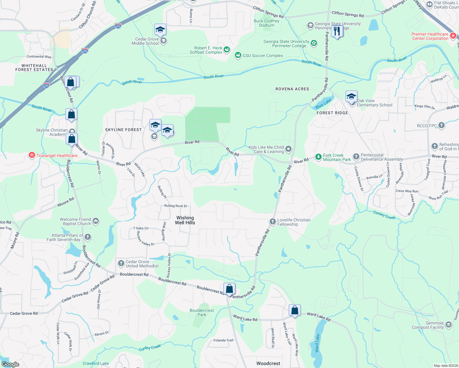 map of restaurants, bars, coffee shops, grocery stores, and more near 2525 Riverwood Spring in Ellenwood