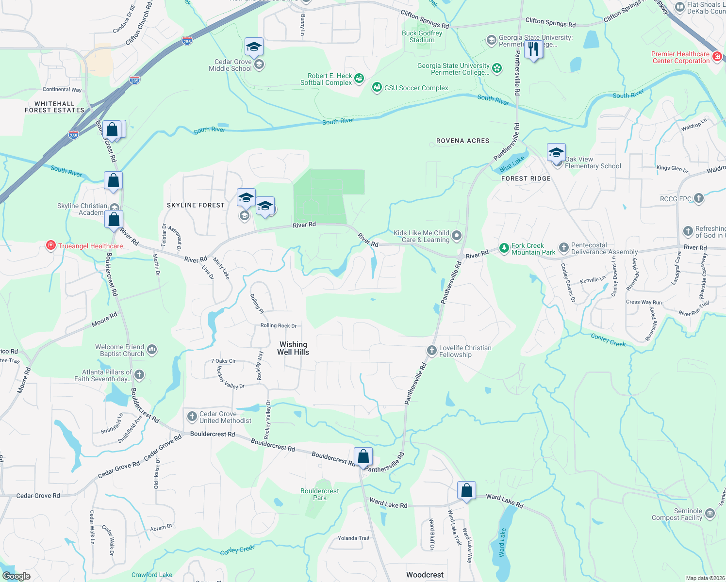 map of restaurants, bars, coffee shops, grocery stores, and more near 2525 Riverwood Spring in Ellenwood