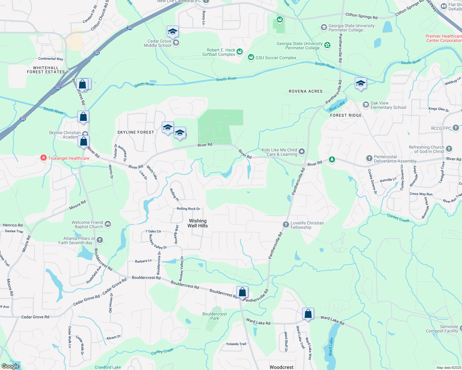 map of restaurants, bars, coffee shops, grocery stores, and more near 2490 Riverwood Spring in Ellenwood