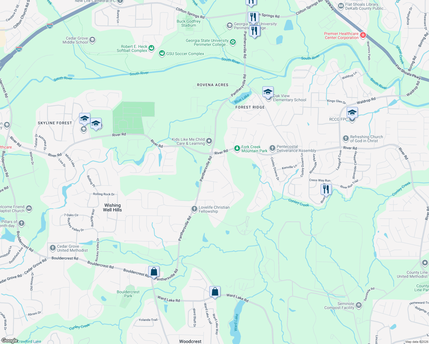 map of restaurants, bars, coffee shops, grocery stores, and more near 2747 Cedar Trace Drive in Ellenwood