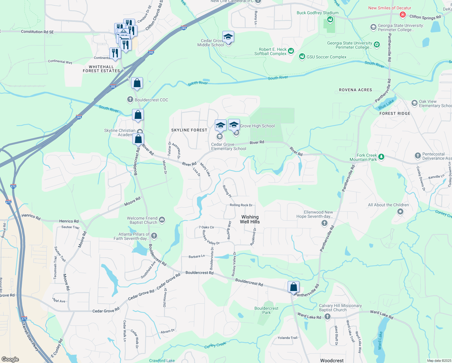 map of restaurants, bars, coffee shops, grocery stores, and more near 3772 Rolling Place in Conley