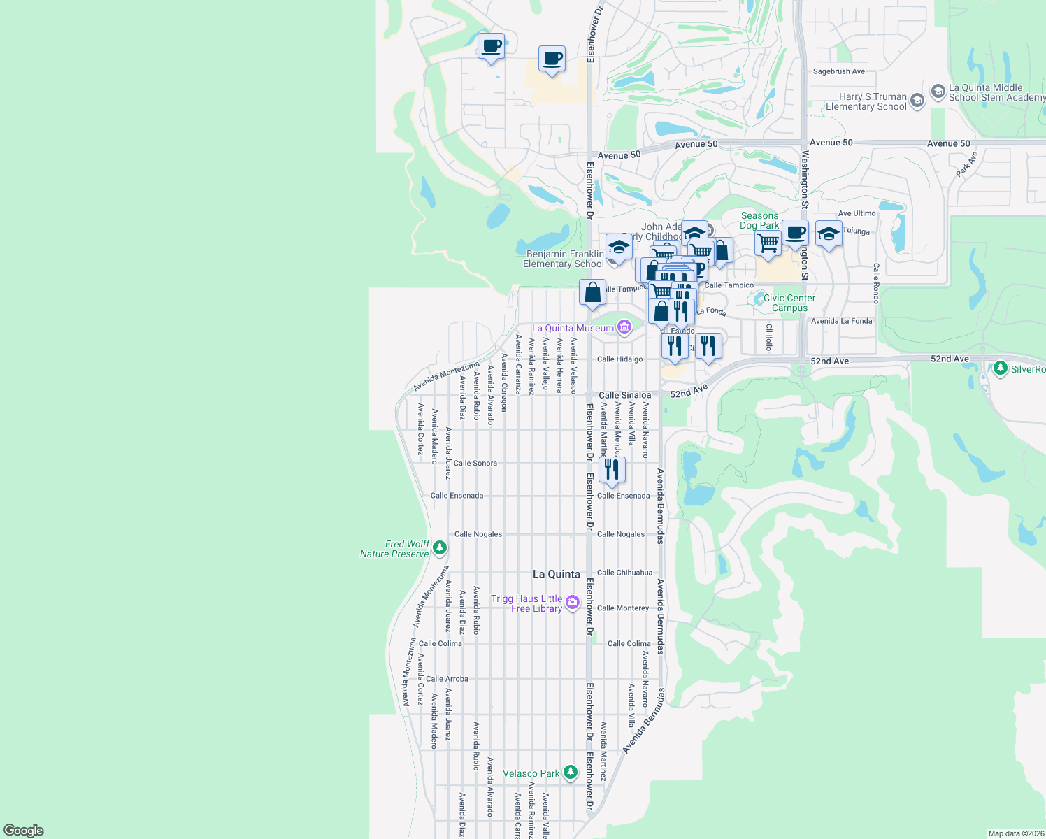 map of restaurants, bars, coffee shops, grocery stores, and more near 51920 Avenue Carranza in La Quinta