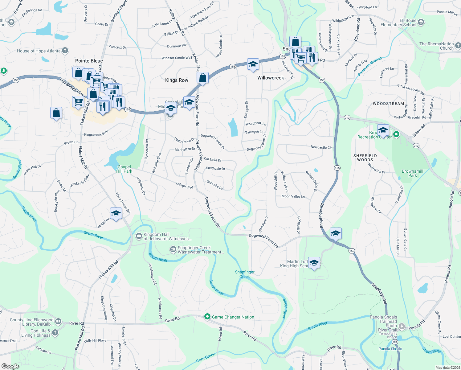 map of restaurants, bars, coffee shops, grocery stores, and more near 4454 Old Lake Drive in Decatur