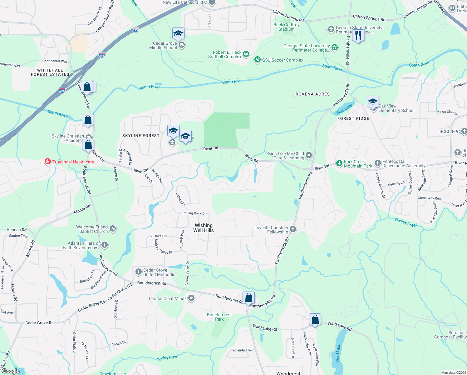 map of restaurants, bars, coffee shops, grocery stores, and more near 3602 Caseys Cove in Ellenwood