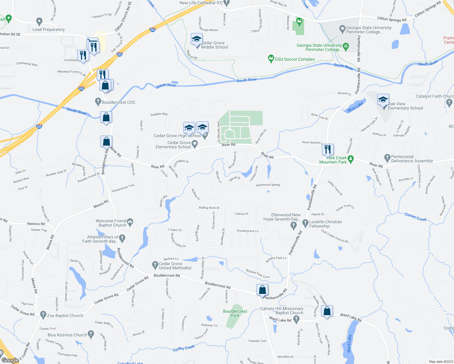 map of restaurants, bars, coffee shops, grocery stores, and more near 2612 Micah Drive in Ellenwood