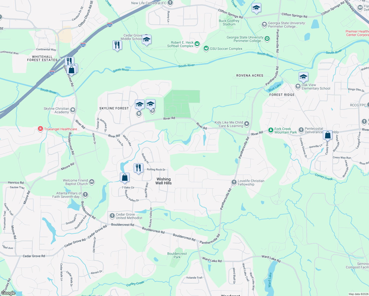 map of restaurants, bars, coffee shops, grocery stores, and more near 2672 Micah Drive in Ellenwood