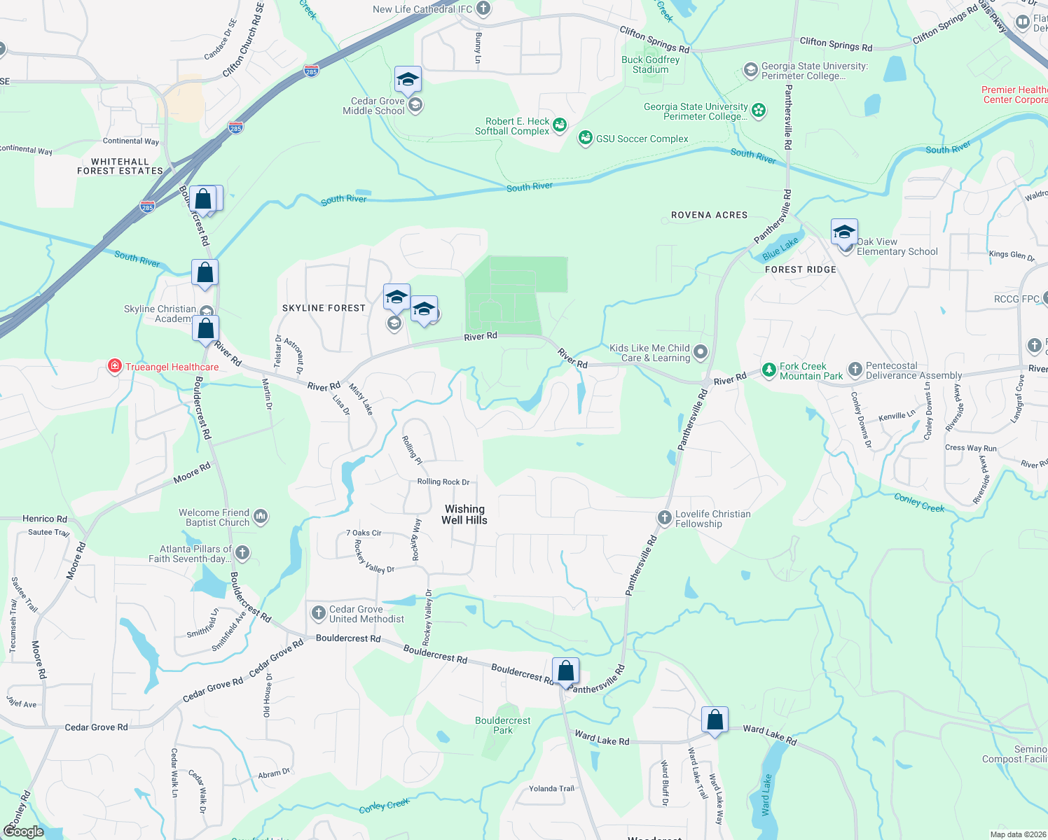 map of restaurants, bars, coffee shops, grocery stores, and more near 2672 Micah Drive in Ellenwood