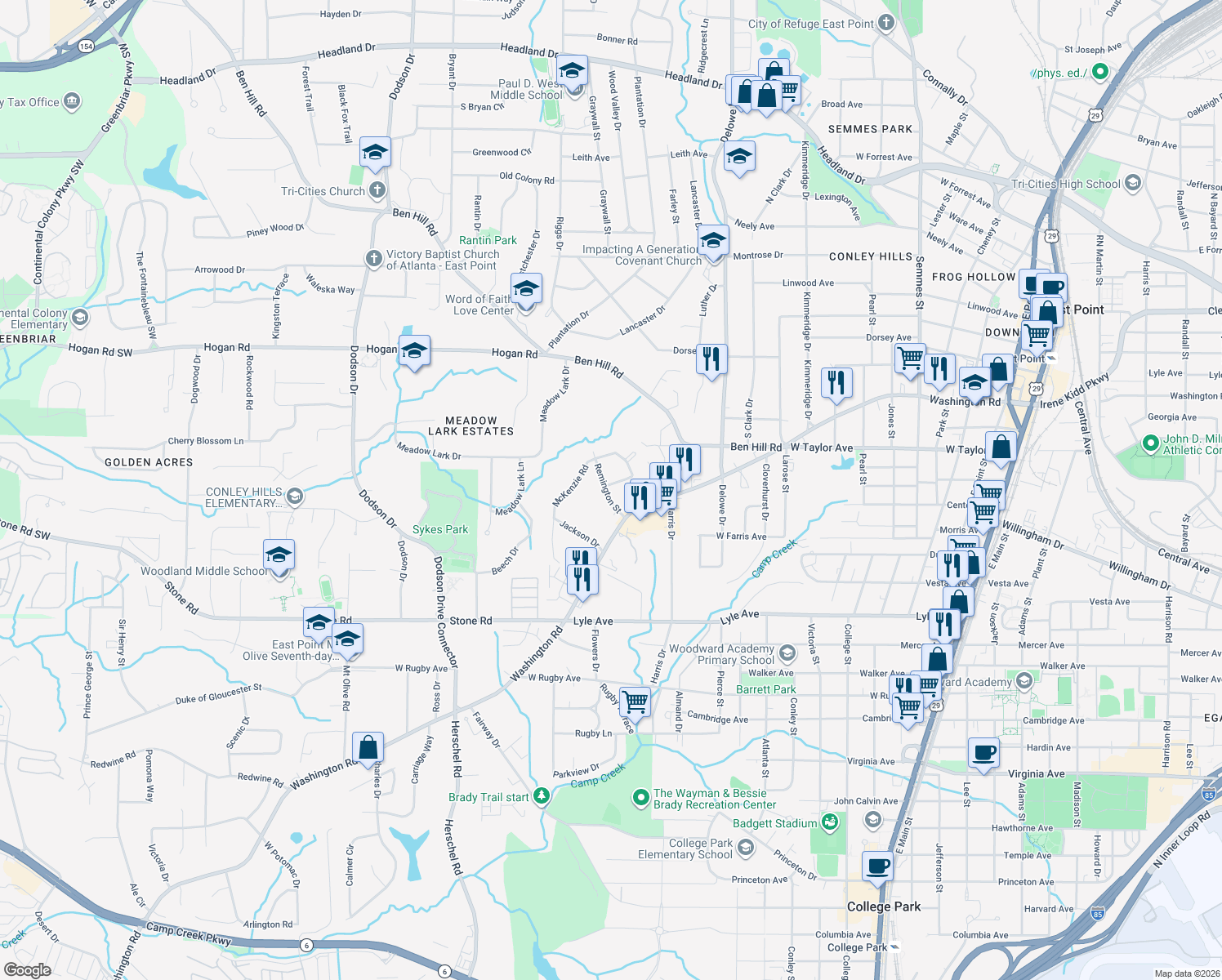 map of restaurants, bars, coffee shops, grocery stores, and more near 3074 Remington St in East Point