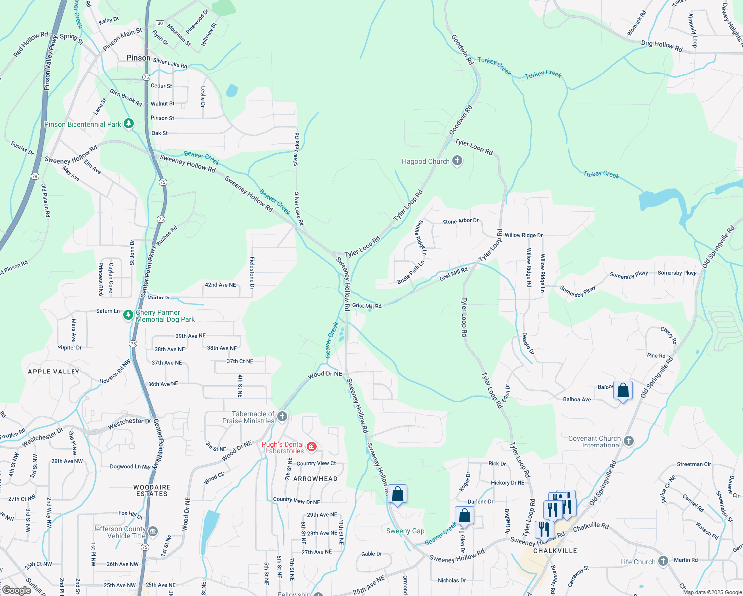 map of restaurants, bars, coffee shops, grocery stores, and more near 5293 Bridle Path Lane in Pinson