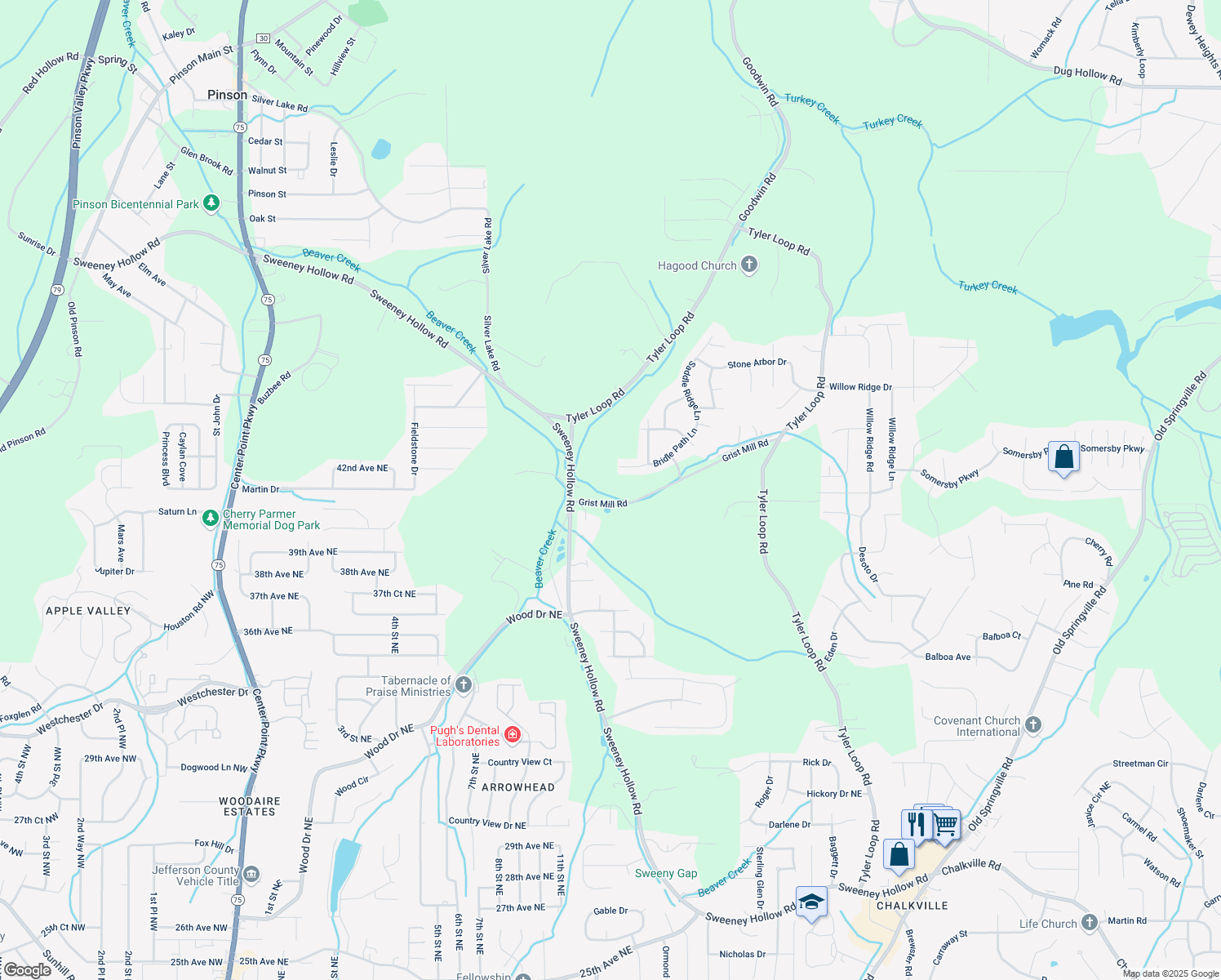 map of restaurants, bars, coffee shops, grocery stores, and more near 5293 Bridle Path Lane in Pinson