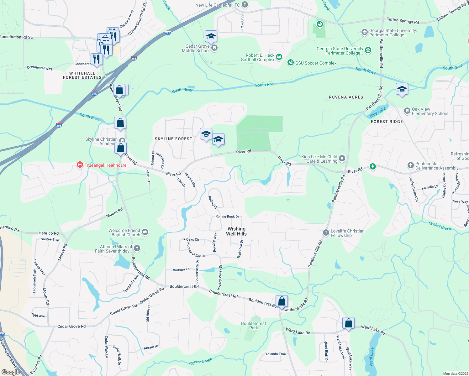 map of restaurants, bars, coffee shops, grocery stores, and more near 3875 Micah Lane in Ellenwood