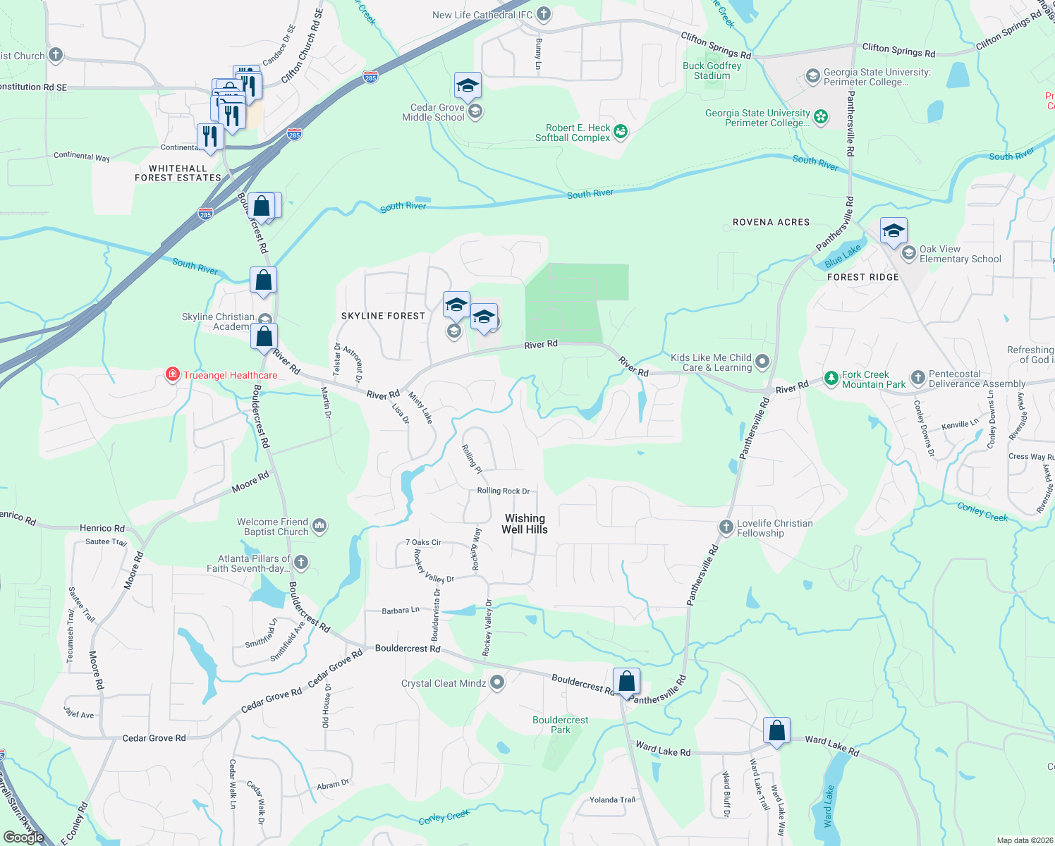 map of restaurants, bars, coffee shops, grocery stores, and more near 3880 Micah Lane in Ellenwood