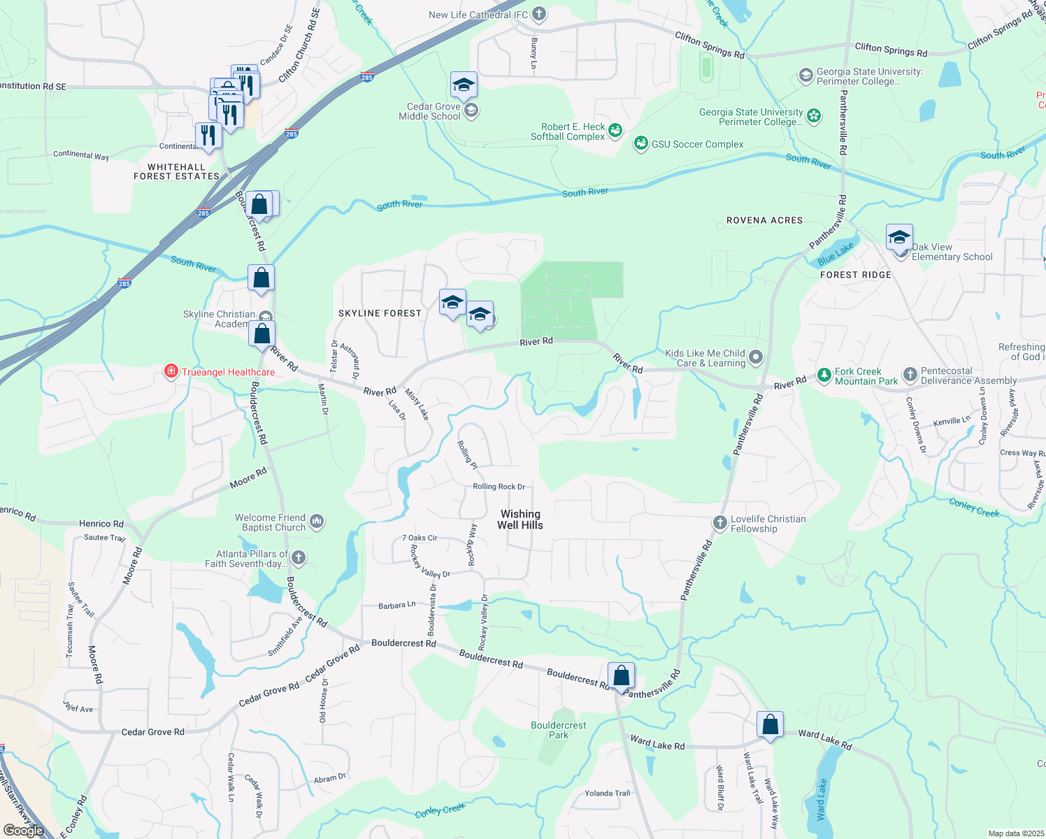 map of restaurants, bars, coffee shops, grocery stores, and more near 3880 Micah Lane in Ellenwood