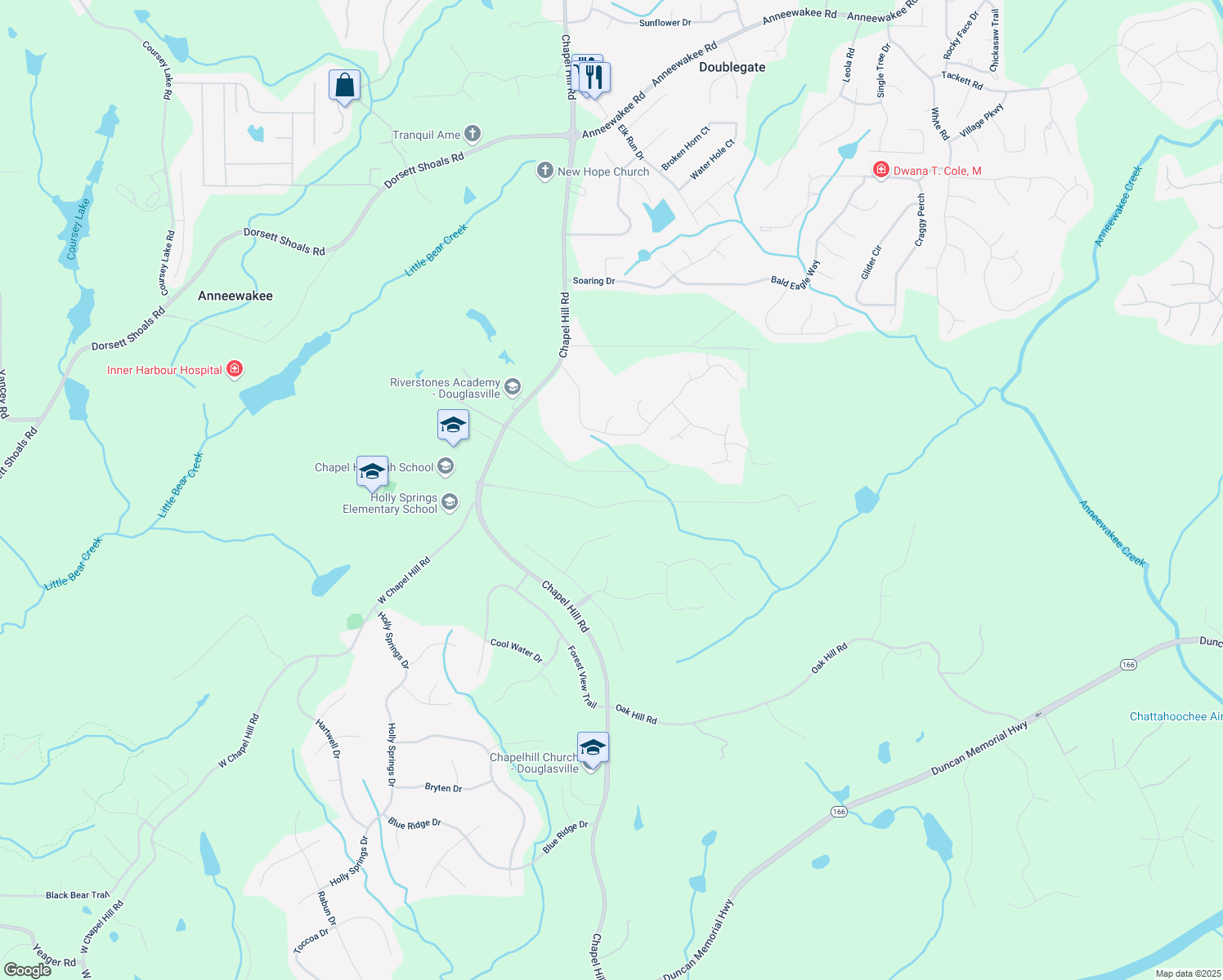 map of restaurants, bars, coffee shops, grocery stores, and more near 4220 Chapel Hill Farms Drive in Douglasville