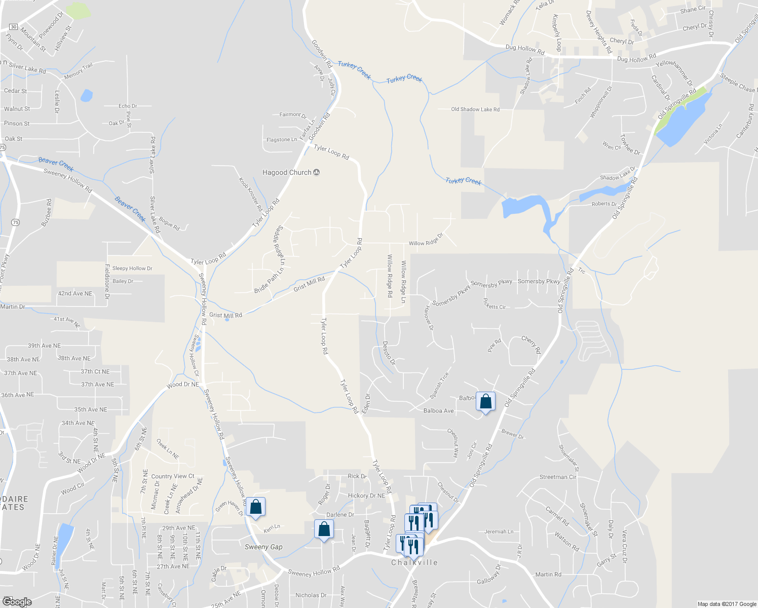 map of restaurants, bars, coffee shops, grocery stores, and more near 5180 Willow Ridge Lane in Dixiana