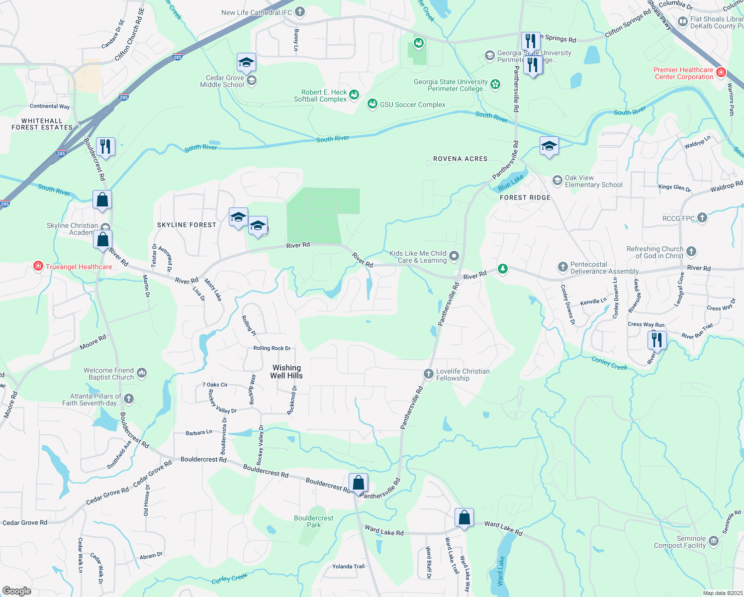map of restaurants, bars, coffee shops, grocery stores, and more near 3791 River Lake Shore in Ellenwood