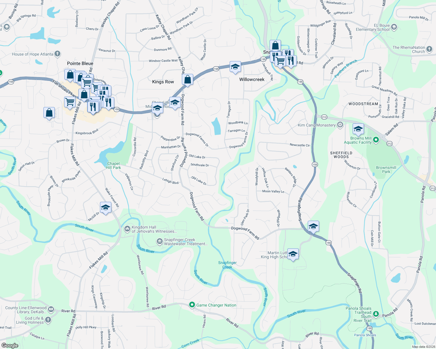 map of restaurants, bars, coffee shops, grocery stores, and more near 4454 Old Lake Drive in Decatur
