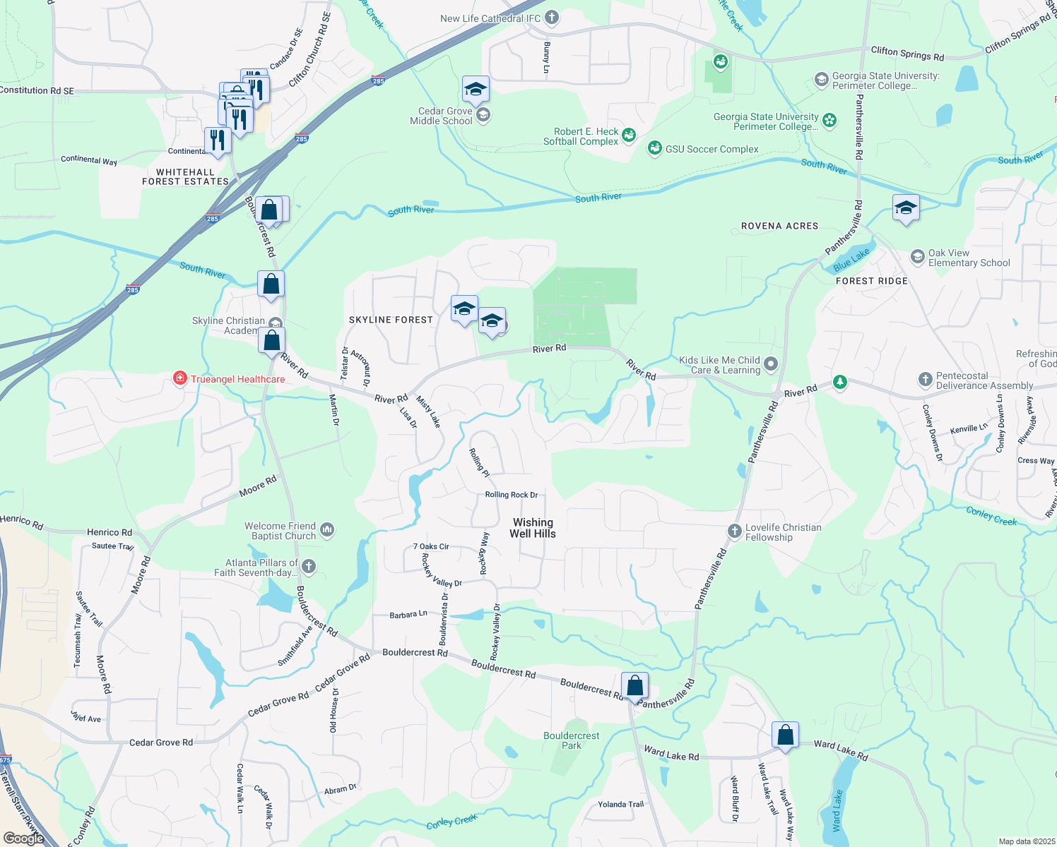 map of restaurants, bars, coffee shops, grocery stores, and more near 3873 Micah Lane in Ellenwood