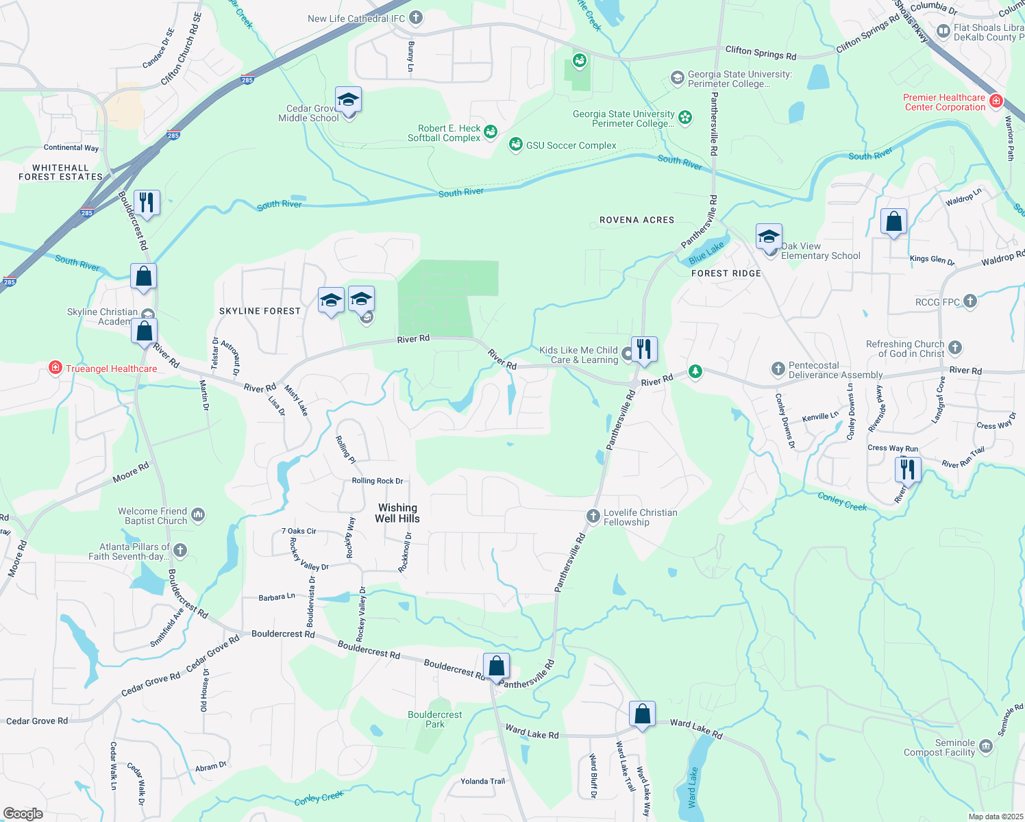 map of restaurants, bars, coffee shops, grocery stores, and more near 3791 River Lake Shore in Ellenwood