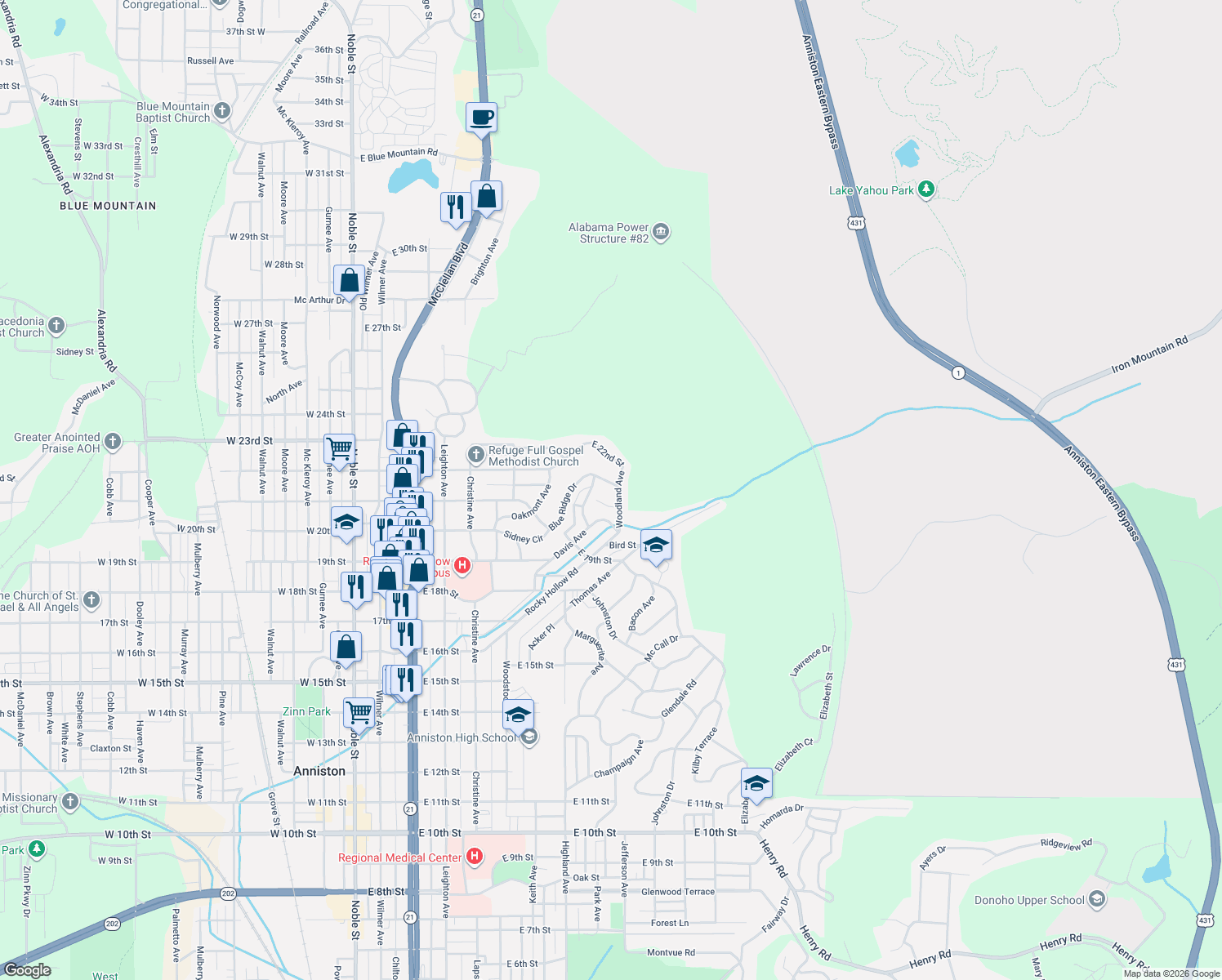 map of restaurants, bars, coffee shops, grocery stores, and more near 2030 Woodland Ave in Anniston