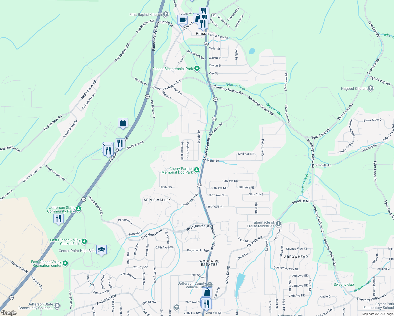 map of restaurants, bars, coffee shops, grocery stores, and more near 3920 Center Point Parkway in Birmingham