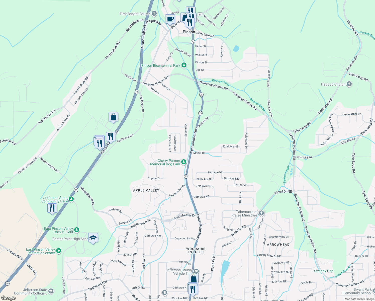 map of restaurants, bars, coffee shops, grocery stores, and more near 3920 Center Point Parkway in Birmingham