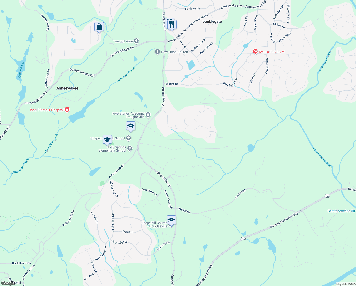 map of restaurants, bars, coffee shops, grocery stores, and more near 4220 Chapel Hill Farms Drive in Douglasville
