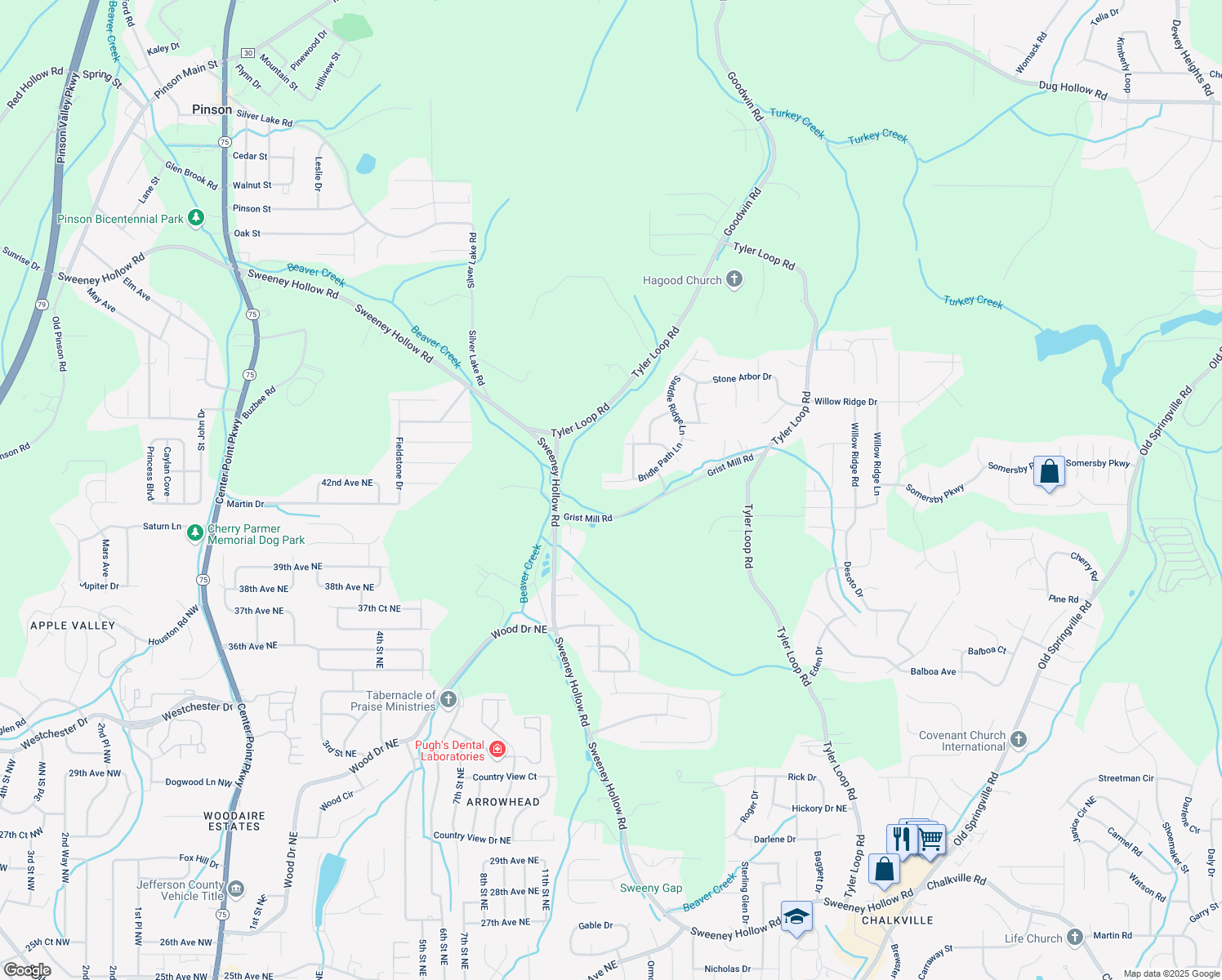 map of restaurants, bars, coffee shops, grocery stores, and more near 5293 Bridle Path Lane in Pinson