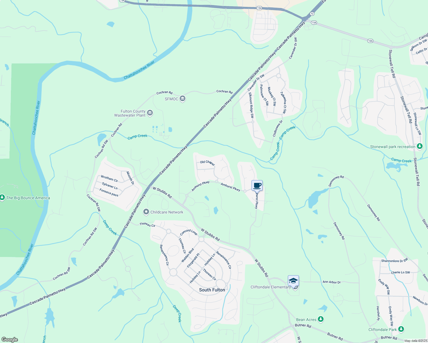 map of restaurants, bars, coffee shops, grocery stores, and more near 7395 Old Chapel in College Park