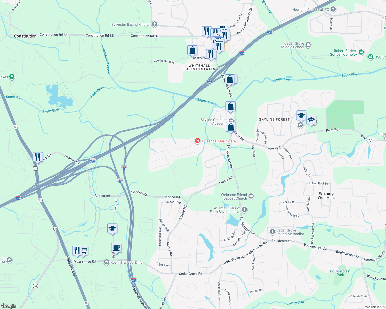 map of restaurants, bars, coffee shops, grocery stores, and more near 2005 Boulder Gate Dr in Ellenwood
