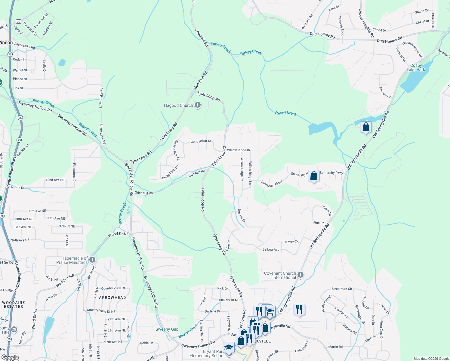 map of restaurants, bars, coffee shops, grocery stores, and more near 5803 Willow Crest Drive in Pinson