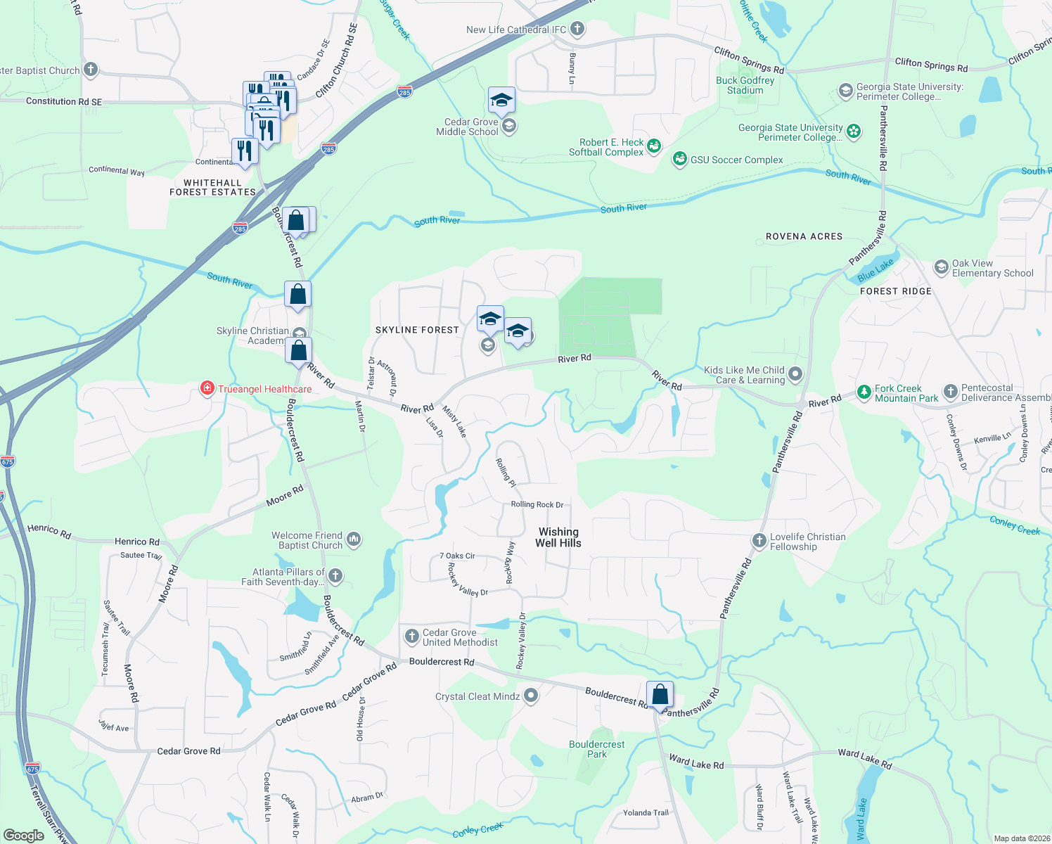 map of restaurants, bars, coffee shops, grocery stores, and more near 3611 Talonega Trail in Ellenwood