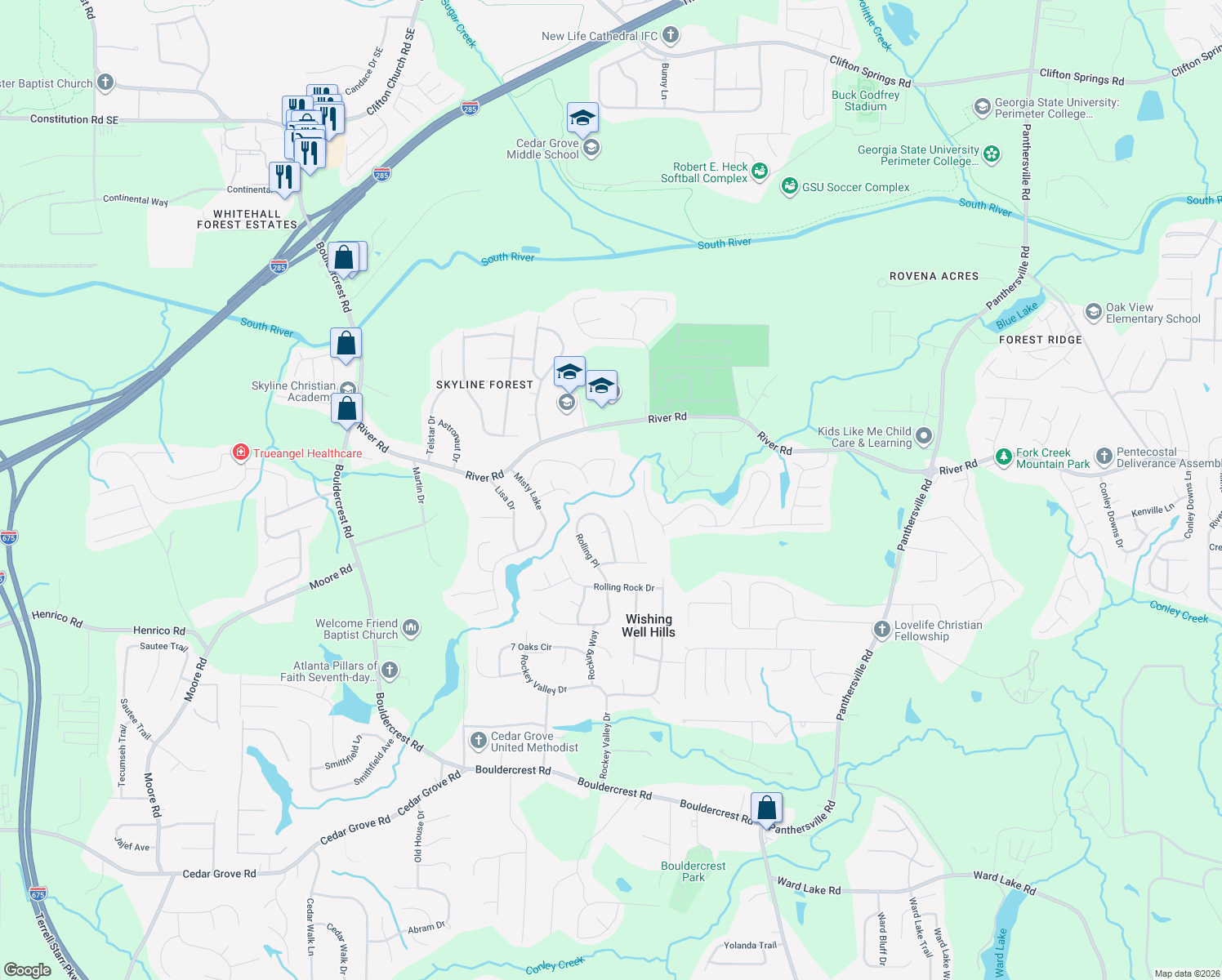 map of restaurants, bars, coffee shops, grocery stores, and more near 3611 Talonega Trail in Ellenwood