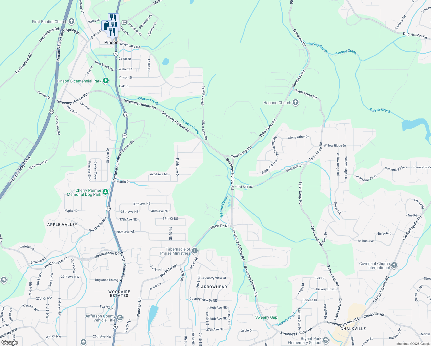 map of restaurants, bars, coffee shops, grocery stores, and more near 4715 Green Crest Drive in Birmingham