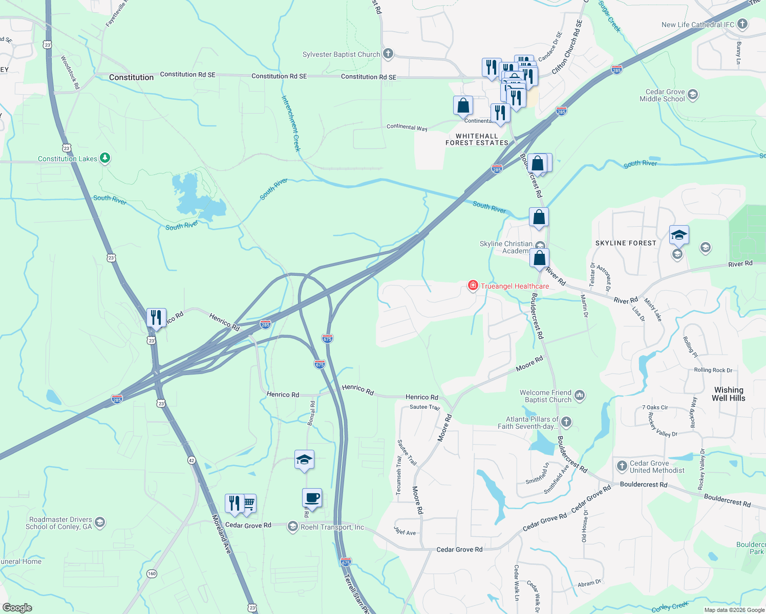 map of restaurants, bars, coffee shops, grocery stores, and more near 1742 Dees Drive in Ellenwood