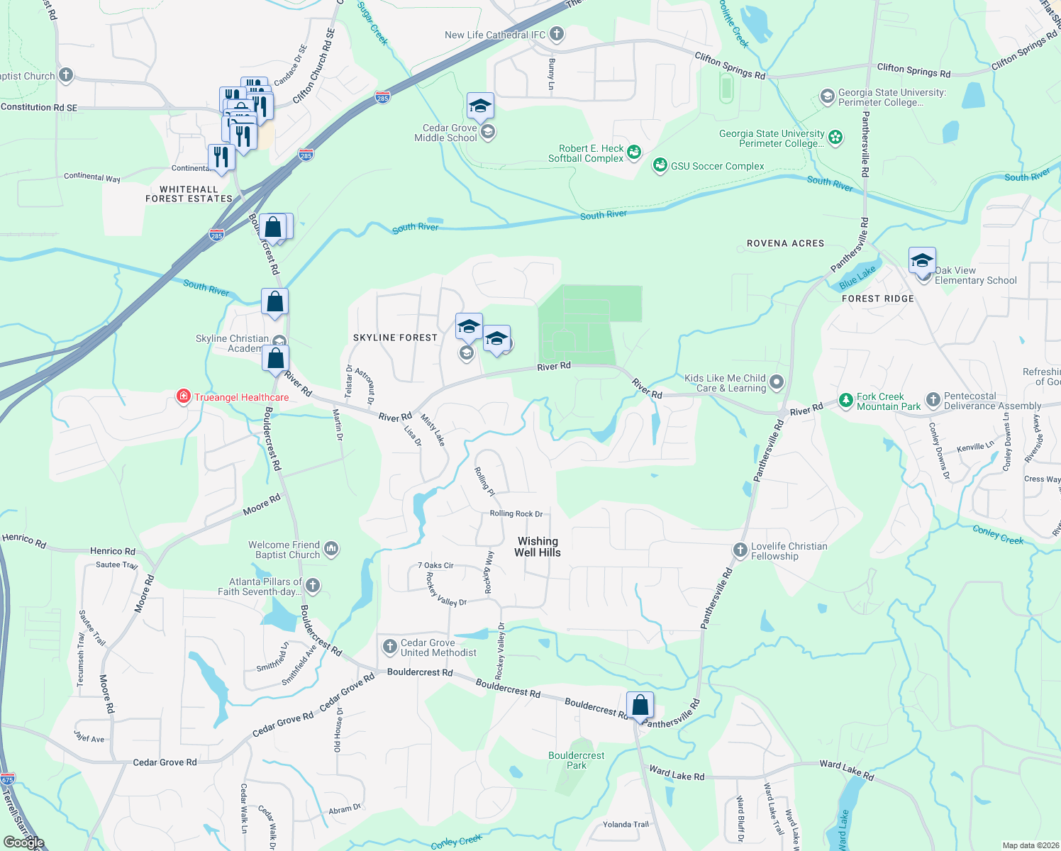 map of restaurants, bars, coffee shops, grocery stores, and more near 3845 Micah Lane in Ellenwood