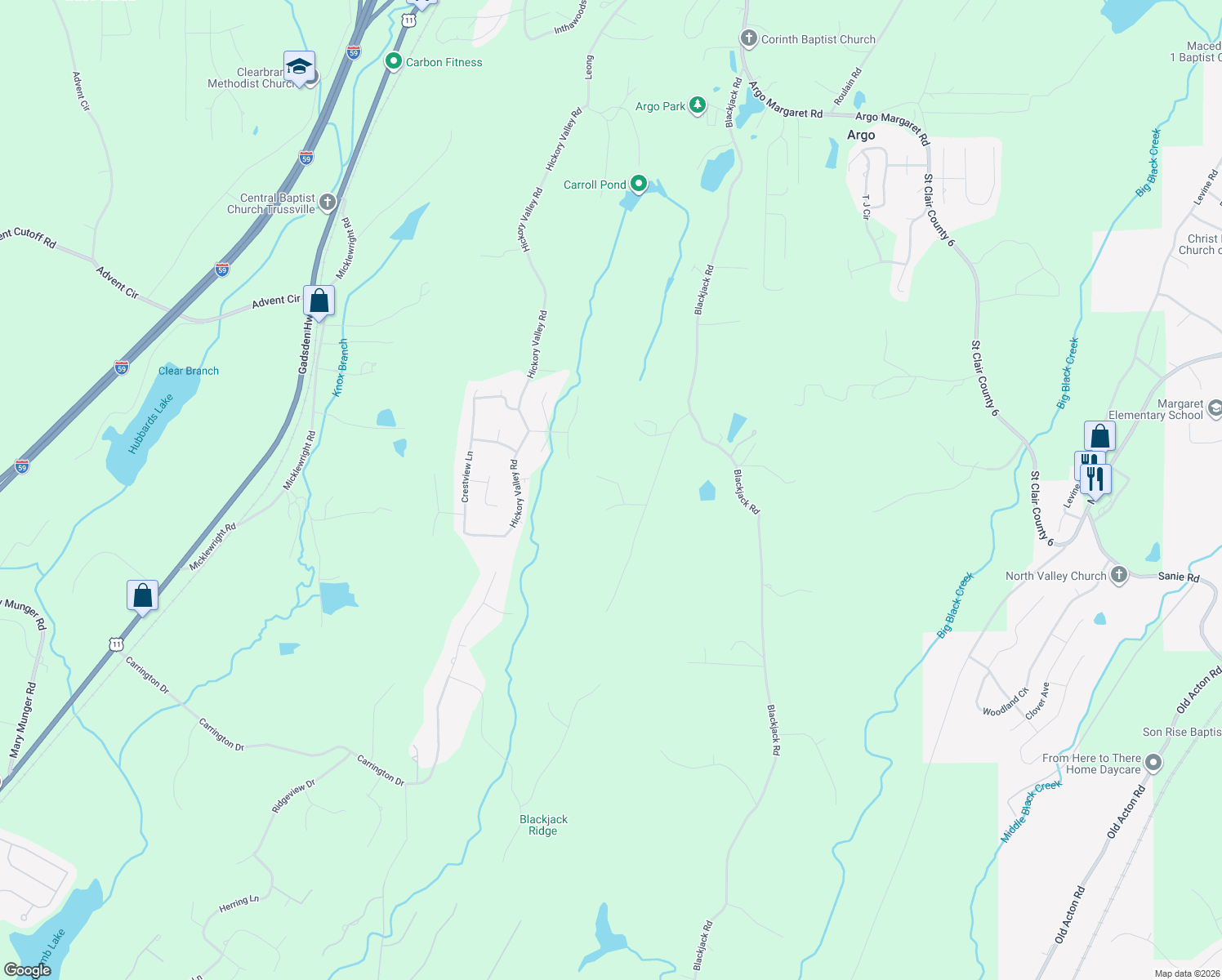 map of restaurants, bars, coffee shops, grocery stores, and more near 72 Ridgecrest Lane in Trussville