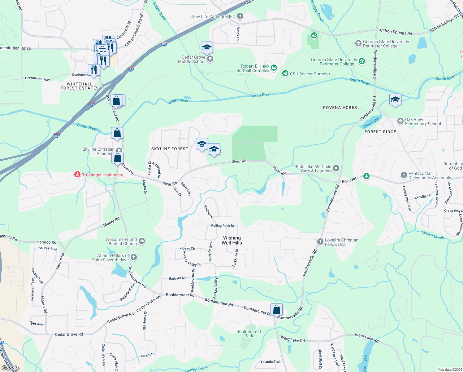 map of restaurants, bars, coffee shops, grocery stores, and more near 3838 Micah Lane in Ellenwood
