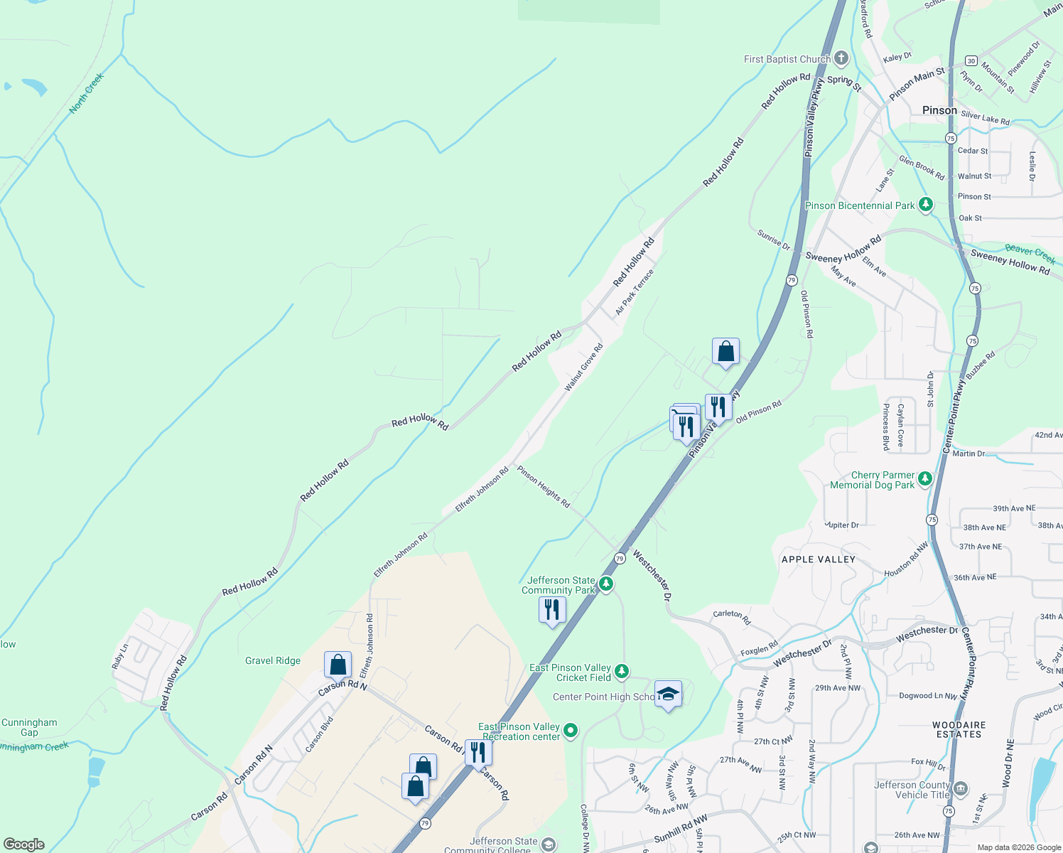 map of restaurants, bars, coffee shops, grocery stores, and more near 5744 Walnut Grove Road in Birmingham
