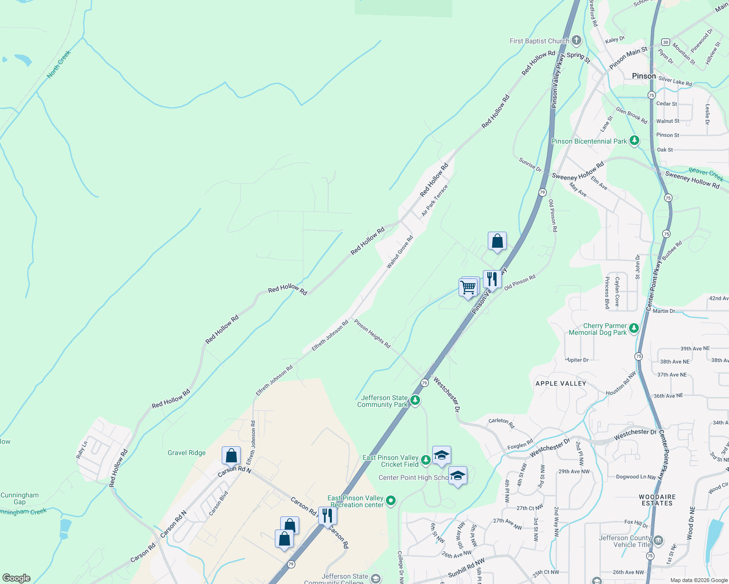 map of restaurants, bars, coffee shops, grocery stores, and more near 5744 Walnut Grove Road in Birmingham