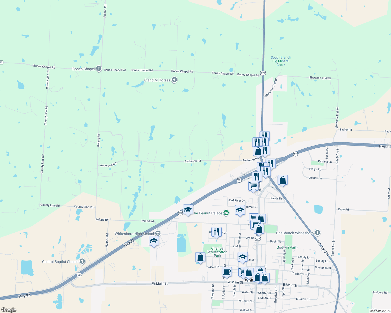 map of restaurants, bars, coffee shops, grocery stores, and more near 649 Anderson Road in Whitesboro