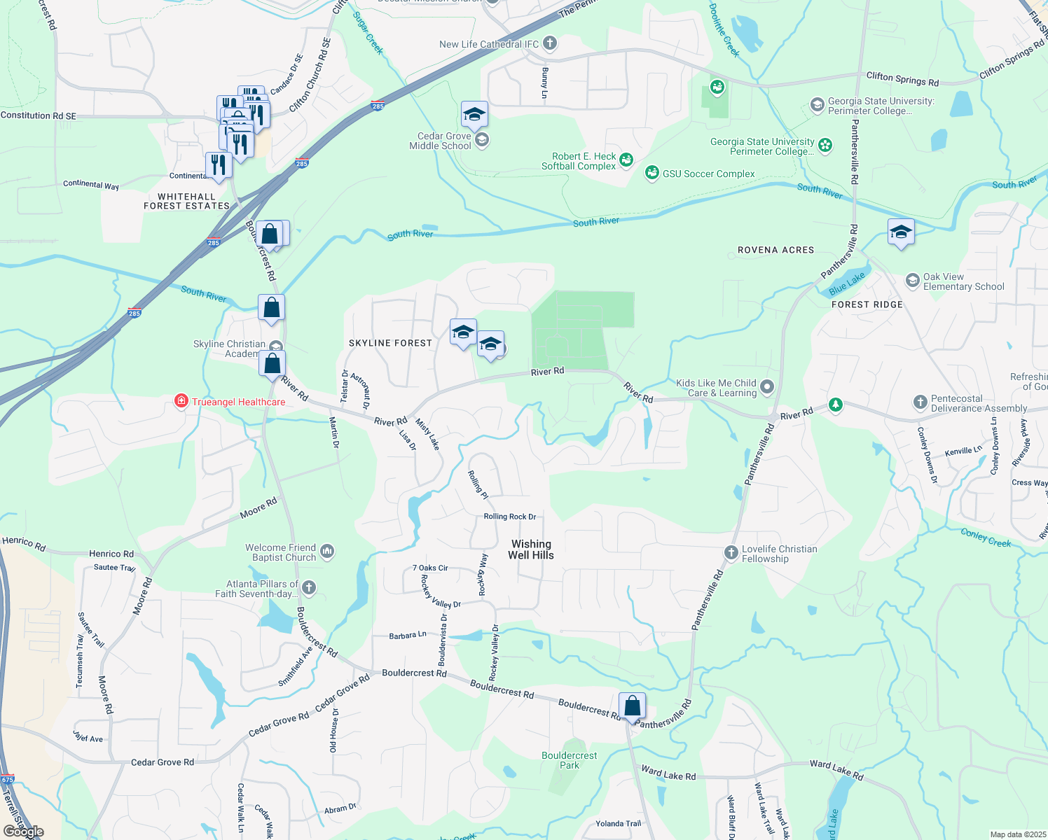map of restaurants, bars, coffee shops, grocery stores, and more near 3827 Micah Lane in Ellenwood