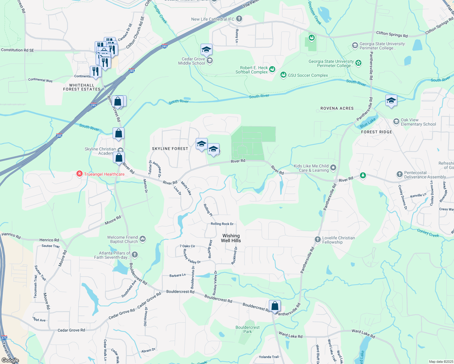 map of restaurants, bars, coffee shops, grocery stores, and more near 3827 Micah Lane in Ellenwood