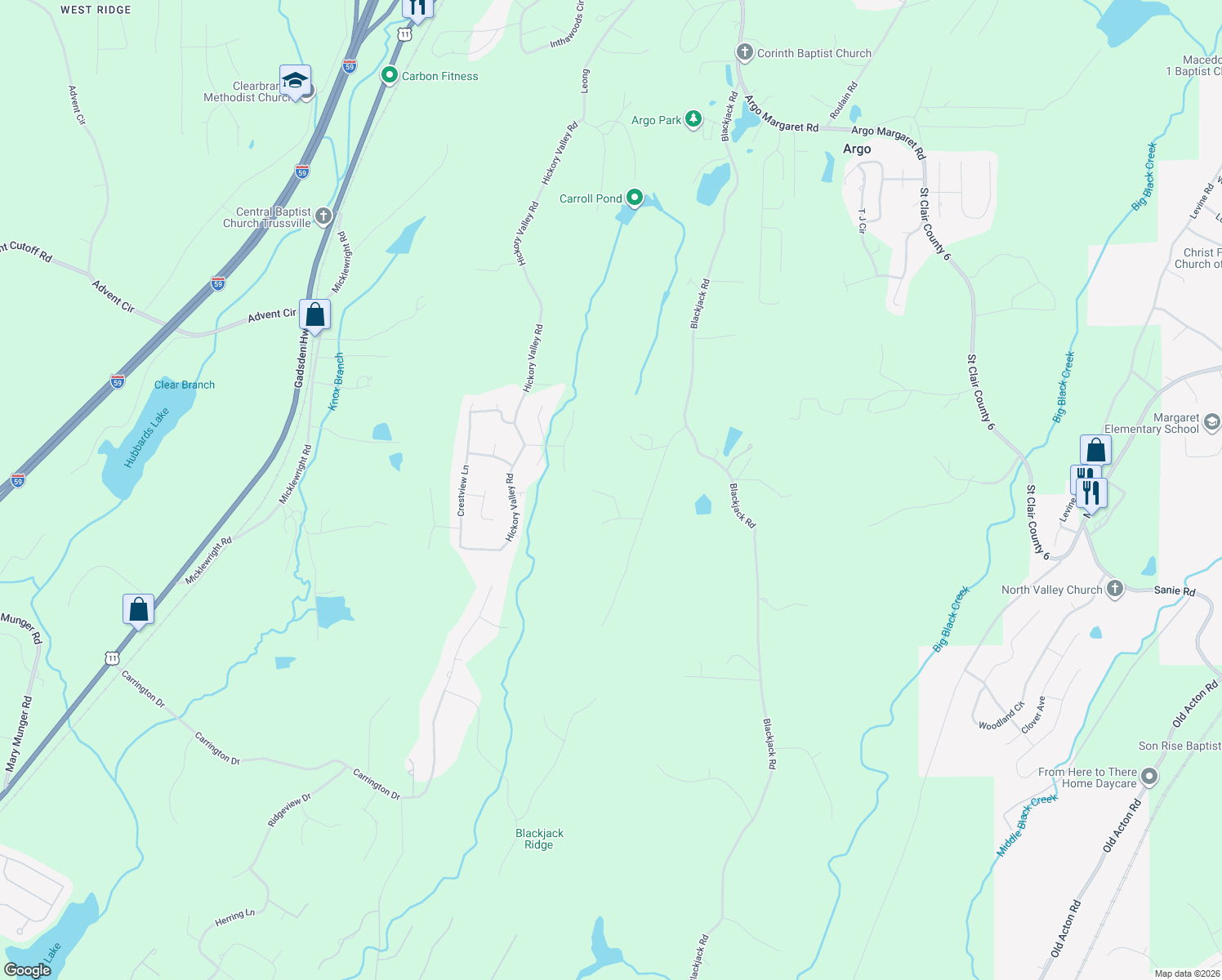 map of restaurants, bars, coffee shops, grocery stores, and more near 72 Ridgecrest Lane in Trussville