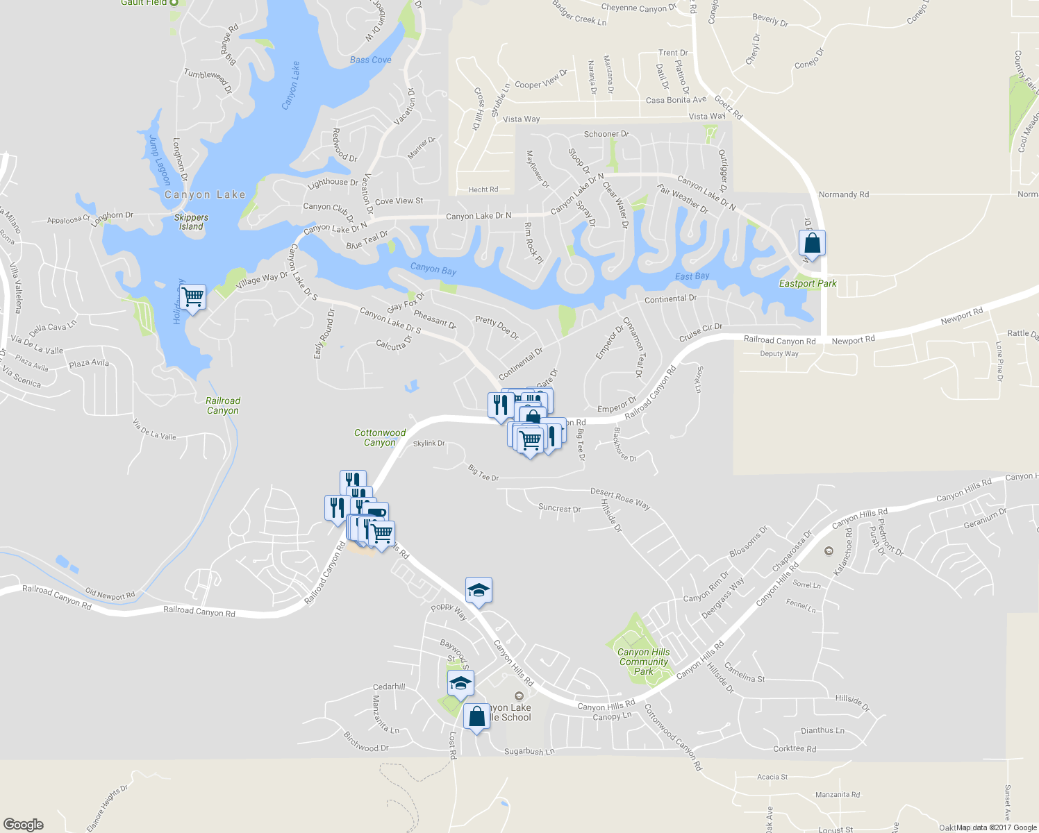 map of restaurants, bars, coffee shops, grocery stores, and more near 30904 Long Point Drive in Canyon Lake