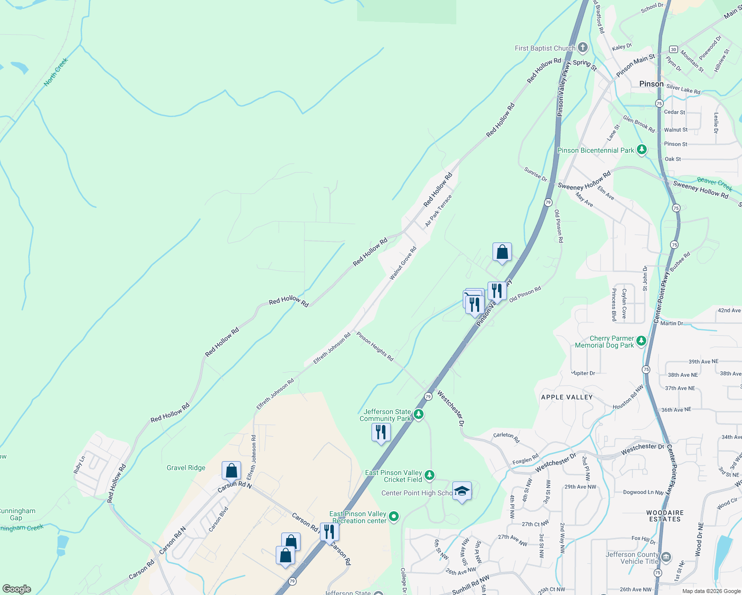 map of restaurants, bars, coffee shops, grocery stores, and more near 5744 Walnut Grove Rd in Birmingham