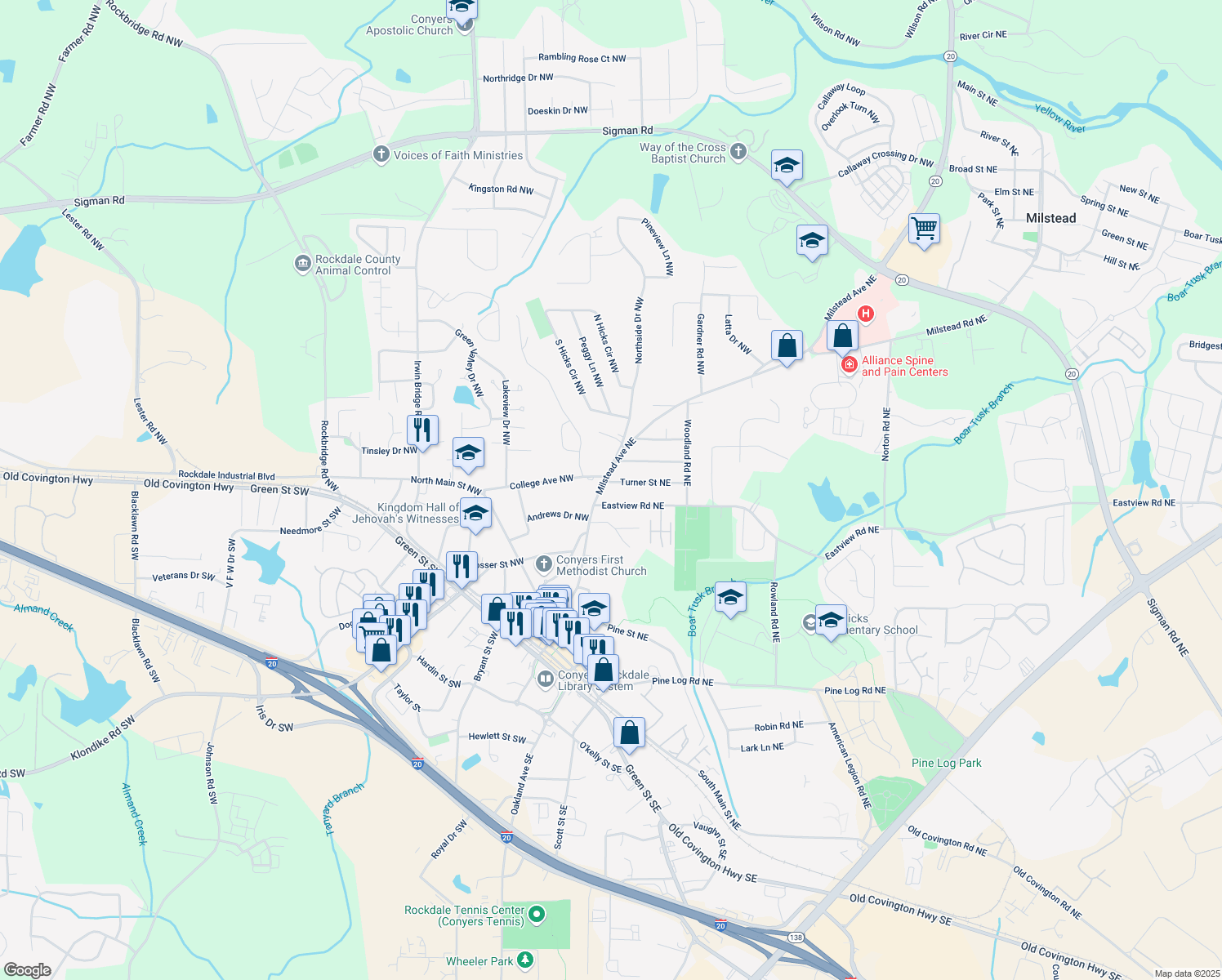 map of restaurants, bars, coffee shops, grocery stores, and more near 1141 Milstead Ave NE in Conyers