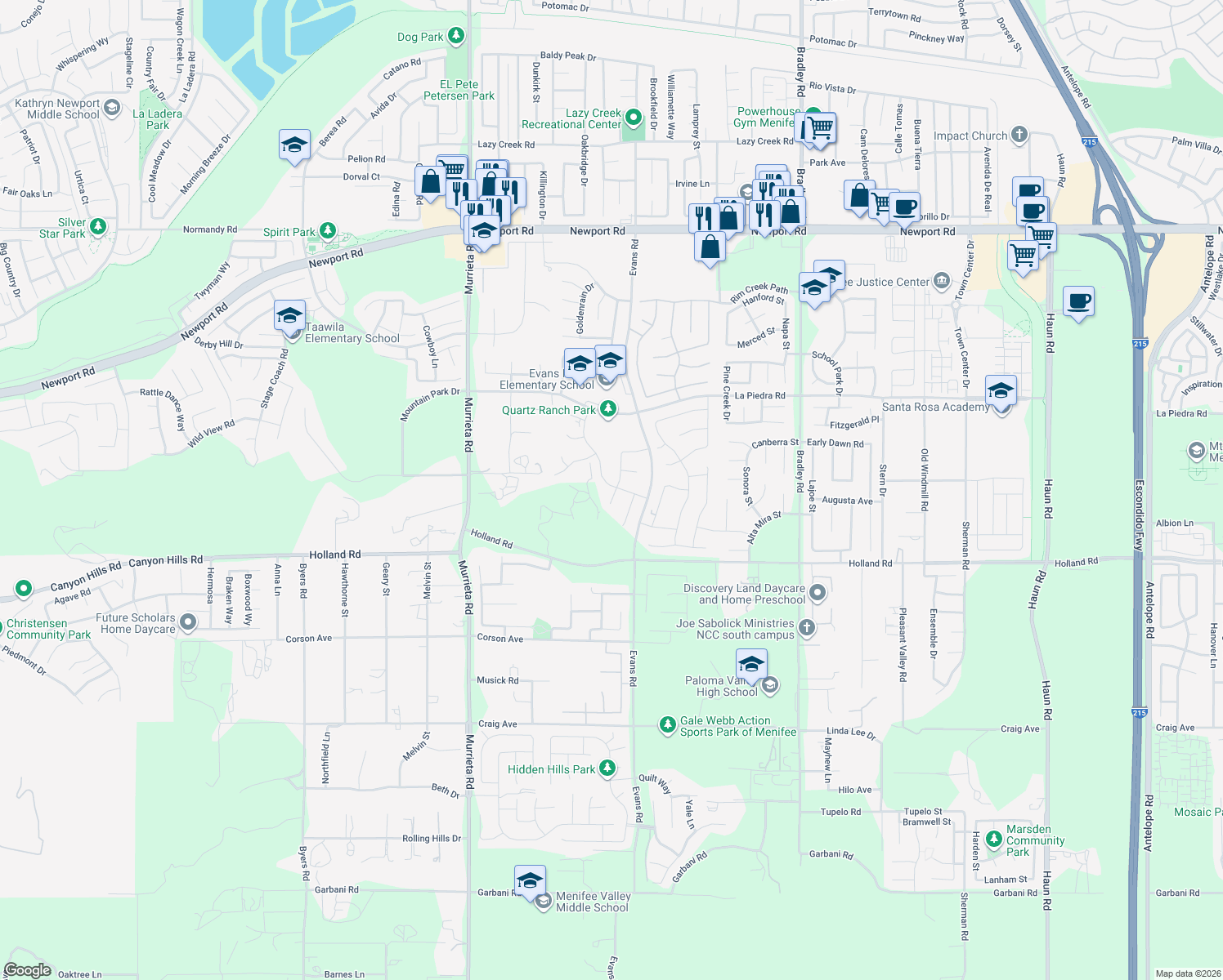map of restaurants, bars, coffee shops, grocery stores, and more near Holland Road in Menifee