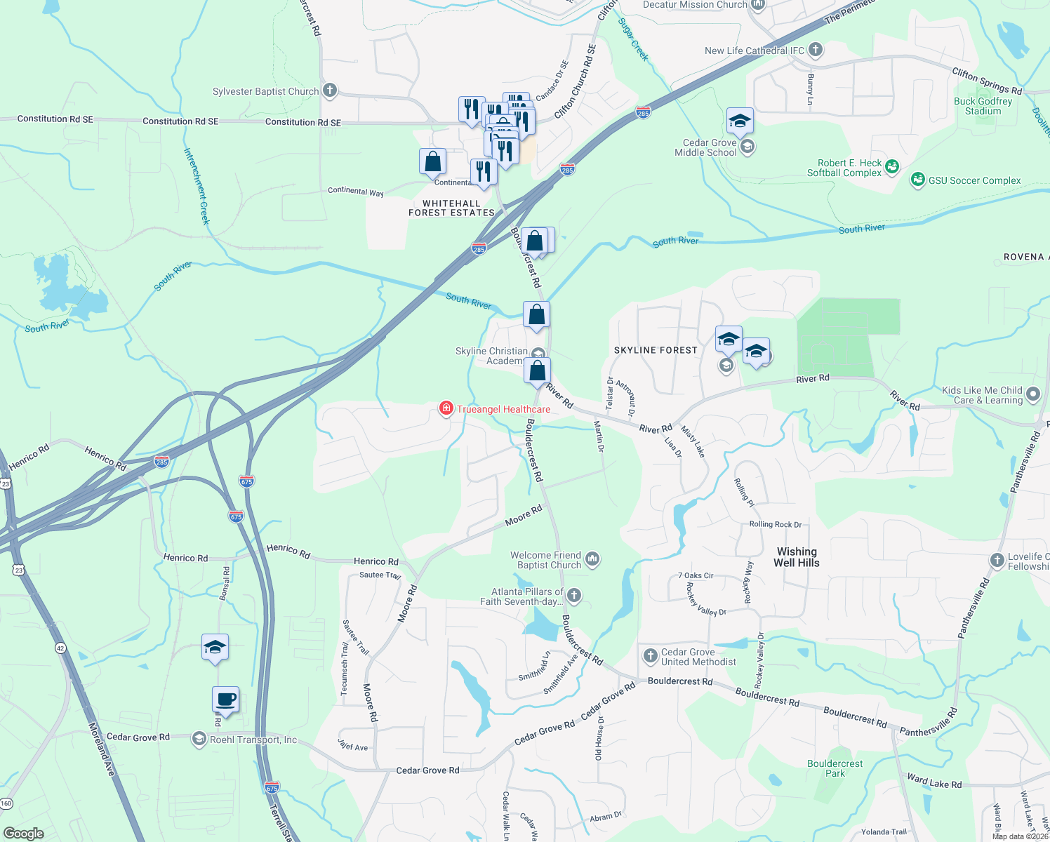 map of restaurants, bars, coffee shops, grocery stores, and more near 1971 Boulder Hills Drive in Ellenwood