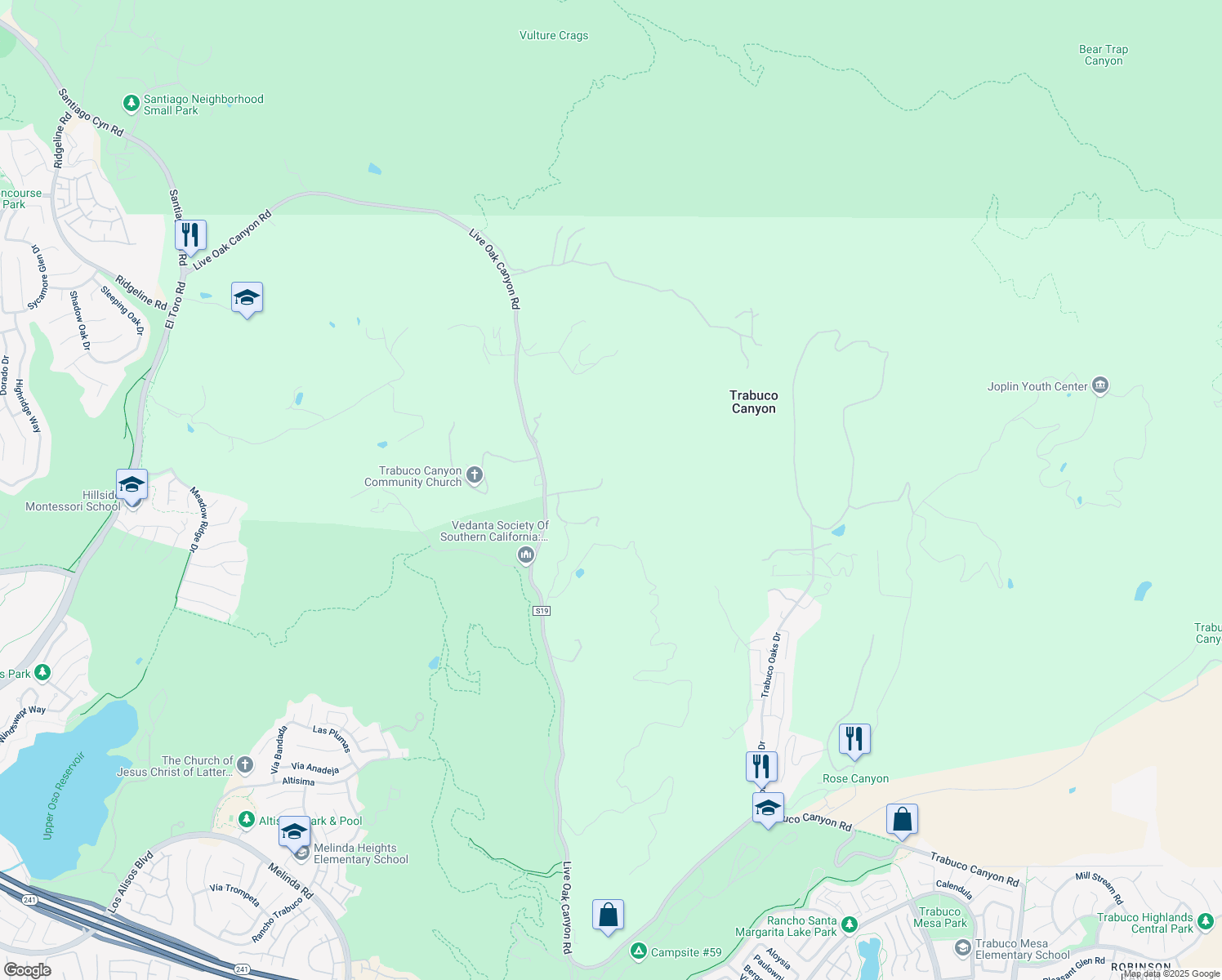 map of restaurants, bars, coffee shops, grocery stores, and more near 30502 Shelter Canyon Road in Trabuco Canyon